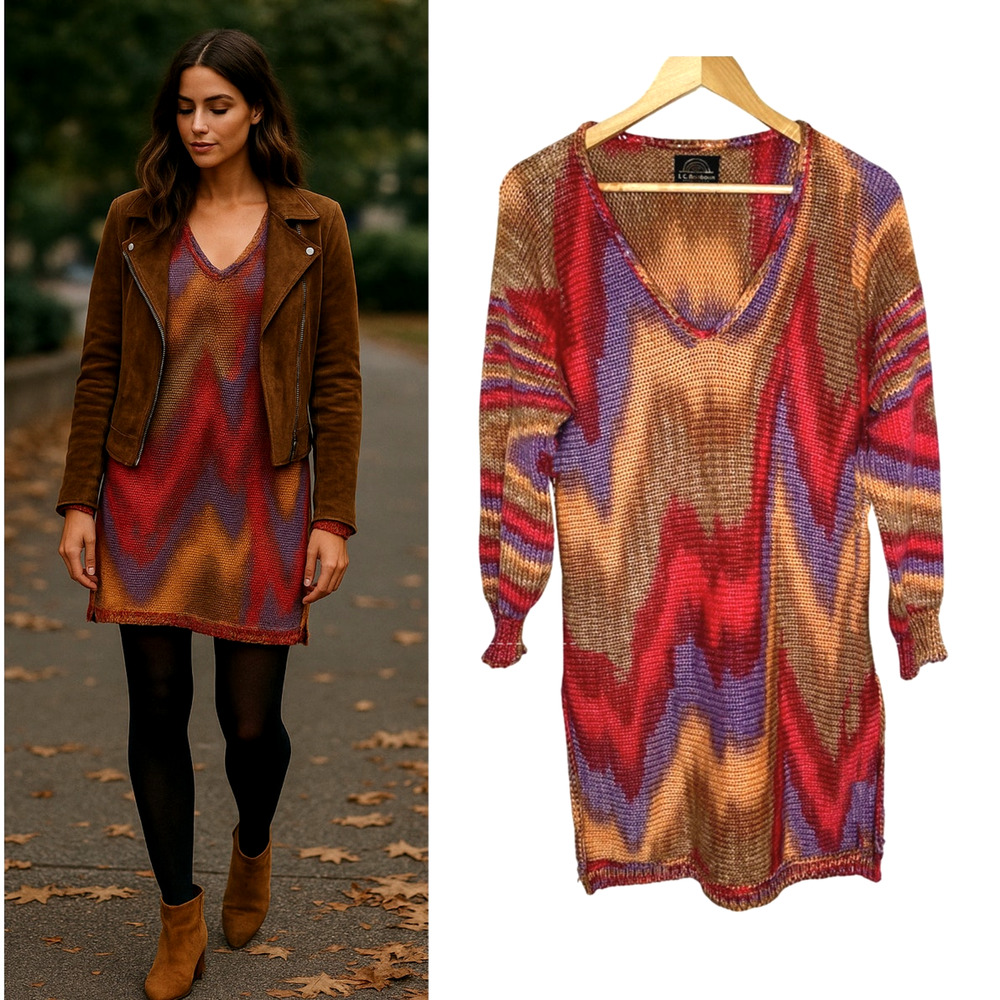 Anthropologie I.C. Rainbows S Long Sleeve Sweater Dress Long Tunic Hand Knit